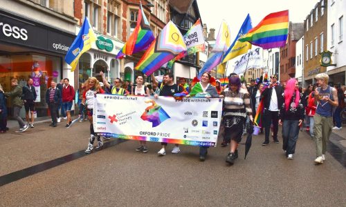 Group holding Oxford Pride banner at Pride Day parade 2022