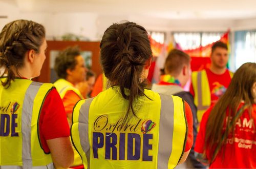 Volunteers gathered before the Oxford Pride parade 2019